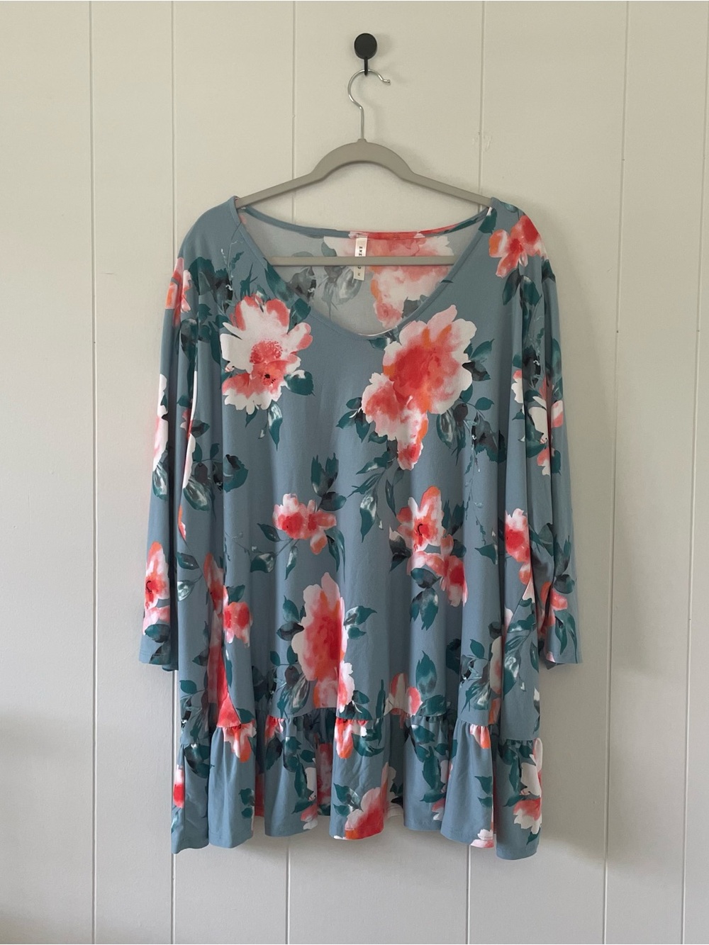 Emerald Blue Floral V-Neck Blouse with Coral Accents